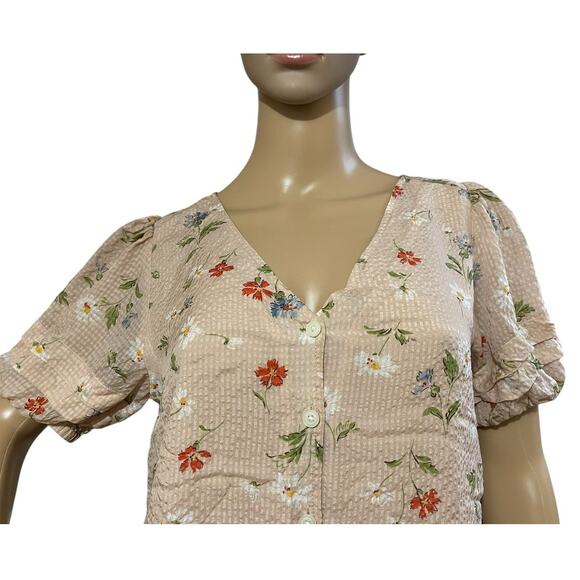 Madewell Women's Blush Pink Floral V-Neck Silk Blouse S Puff Sleeves-Cottagecore - Picture 3 of 13